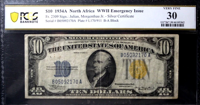 1934-A $10 NORTH AFRICA SILVER CERTIFICATE PCGS 30 VERY FINE  Fr 2309