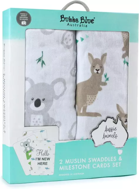 Aussie Animals Muslin Wraps with Milestone Cards, Grey, 2 Count