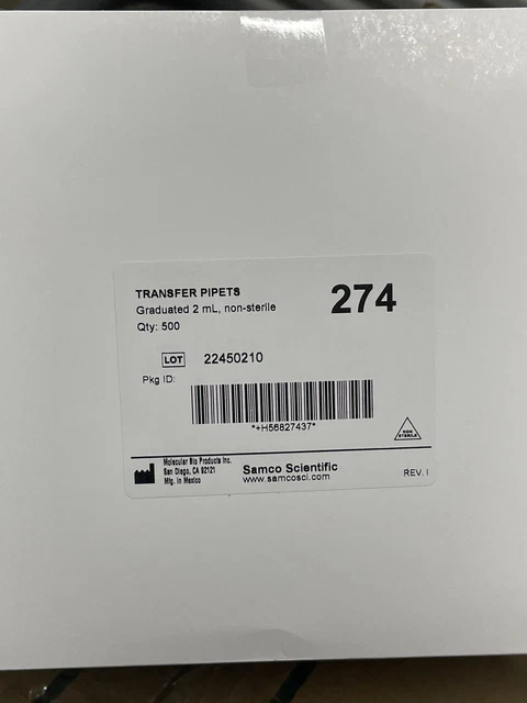 (4000) Samco 274 B/B-PET Blood Bank Transfer Pipette 4.6mL, Graduated 2mL