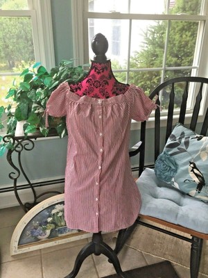 Forever 21 Red & White Striped Off-Shoulder Shirt Dress Size M