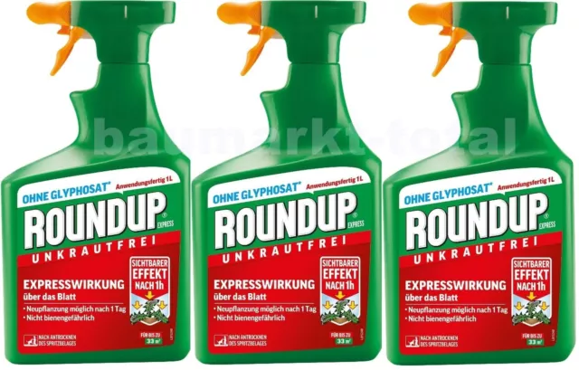 ROUNDUP EXPRESS Unkrautfrei 3l 3x1l Unkrautvernichter Unkrautex gegen Unkraut