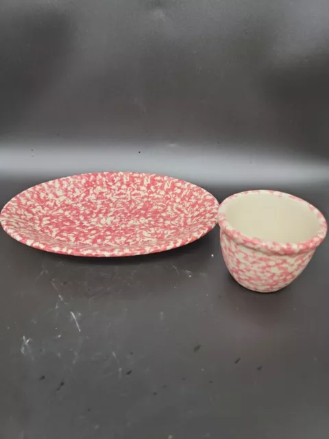 Roseville Spongeware Pottery Gerald E. Henn Red Splatter Oval Plate W/ cup 2
