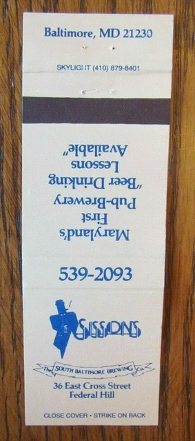 Sissons Brewery Brew Pub Matchbook Matchcover (Baltimore, Maryland) -E1