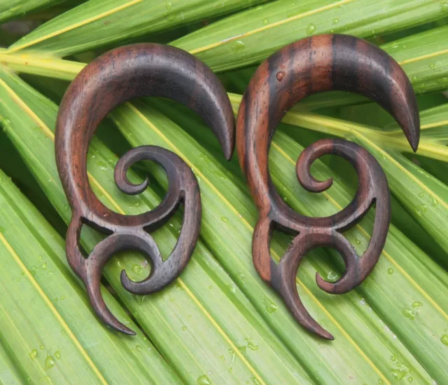 Organic Handmade Carved Sono Wood Curled Floral Hook Ear Plugs Gauges 8G-11/16"