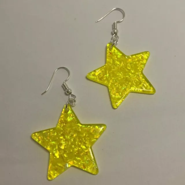 Lots of colours, Large Star earrings, shard Glitter, Resin Kitsch Fun 5.5cm Long