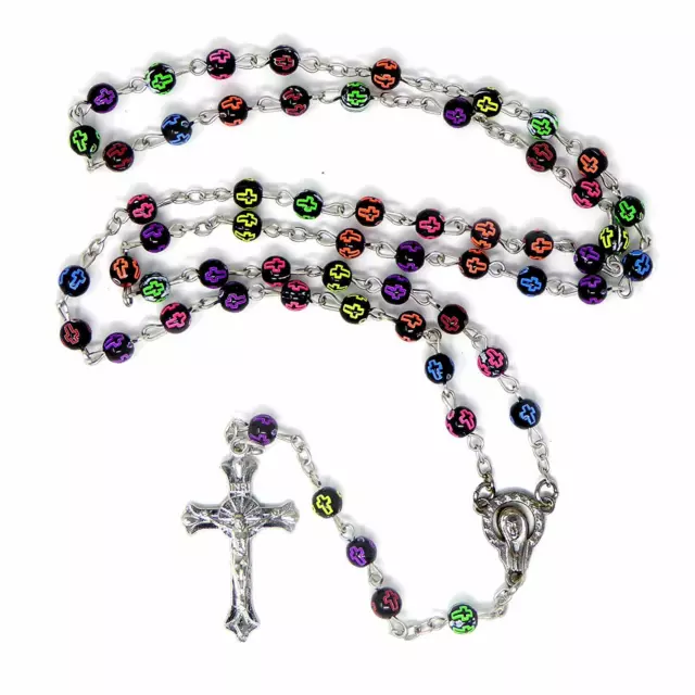 Nero Rosari Con Arcobaleno Croci Argento Catenina E Croce 50cm