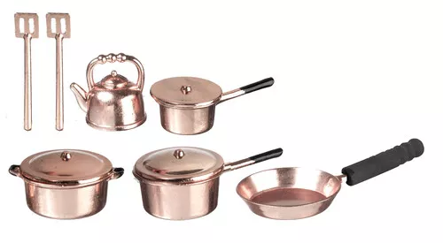 Copper Metal Kitchenware Pots & Pans Set, Dolls House Miniatures, Kitchen