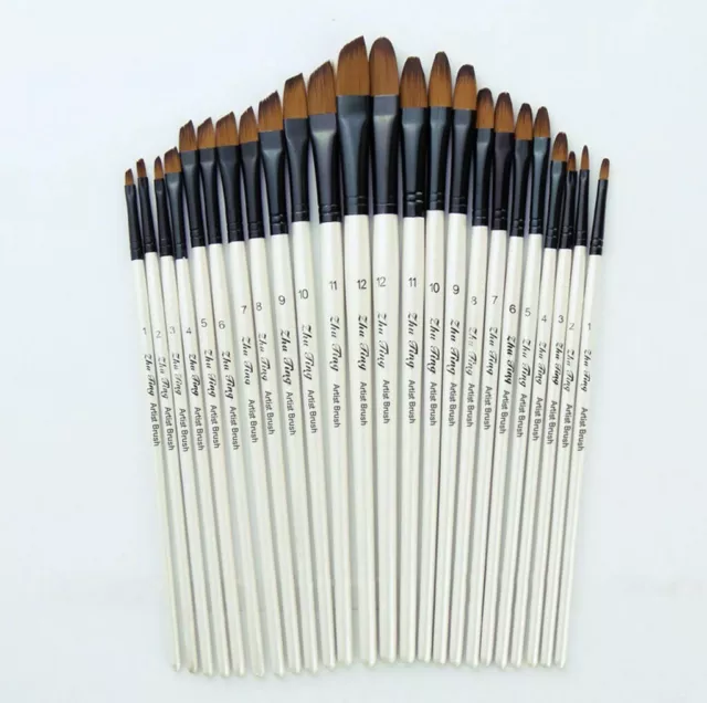 12 Artist Watercolor Painting Brushes Brush Oil Acrylic Flat&Tip Paint Kit White