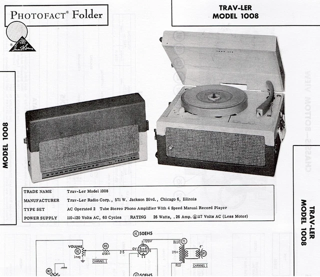 RECORD PLAYER TRAVLER 1008 Tube Amp 1960 TRAVLER Photofact Service