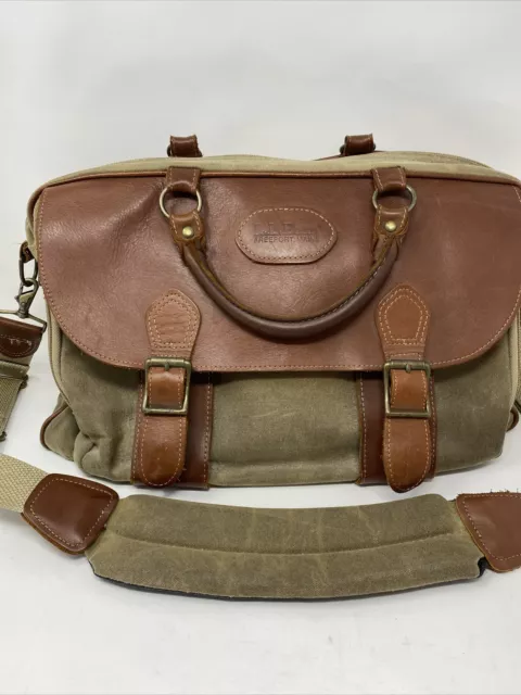 Vtg  LL Bean Waxed Cotton Canvas & Leather Messenger Briefcase Bag Green Khaki