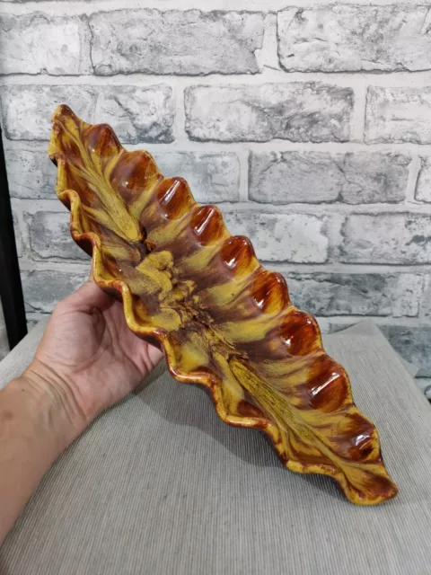 Blue Mountain Pottery Large Leaf Dish Canada Gold Brown Flow Glaze Plate Bowl