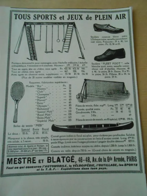 Publicité 1924  Tous sports et jeux de plein air Mestre et Blatgé