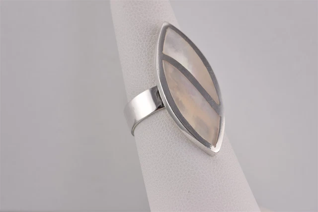 Sterling Silver Mosaic Tan Beige Mother of Pearl Inlay Band Ring 925 Sz: 7