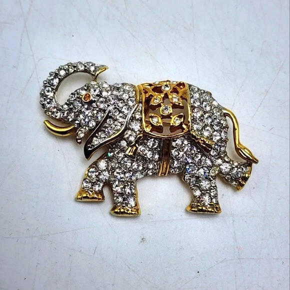Rhinestone Elephant Lapel Pin Metal Gold Tone Pinback Brooch Costume Fashion Vtg