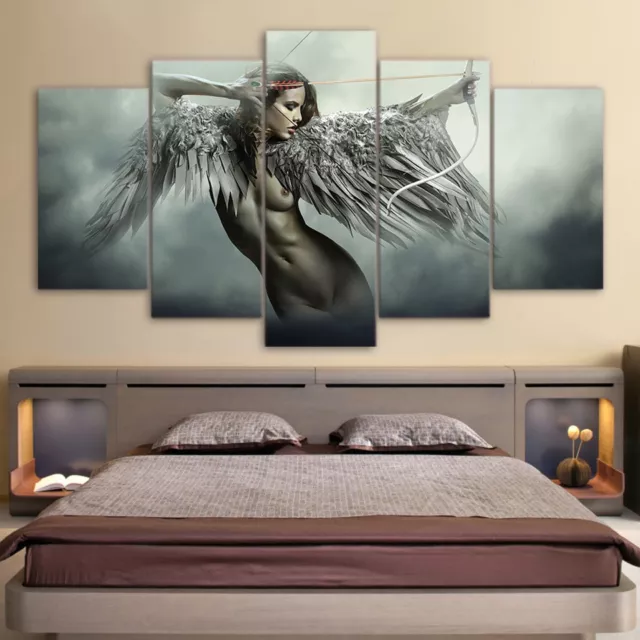 Fantasy Angel Warrior Wing Anime Girl 5 Panel Canvas Print Wall Art Home Decor