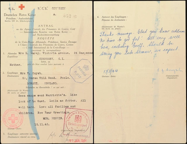 10585) Rotkreuz-Nachrichten Brief 12.11.43 Guernsey nach England Antw. 17.3.44