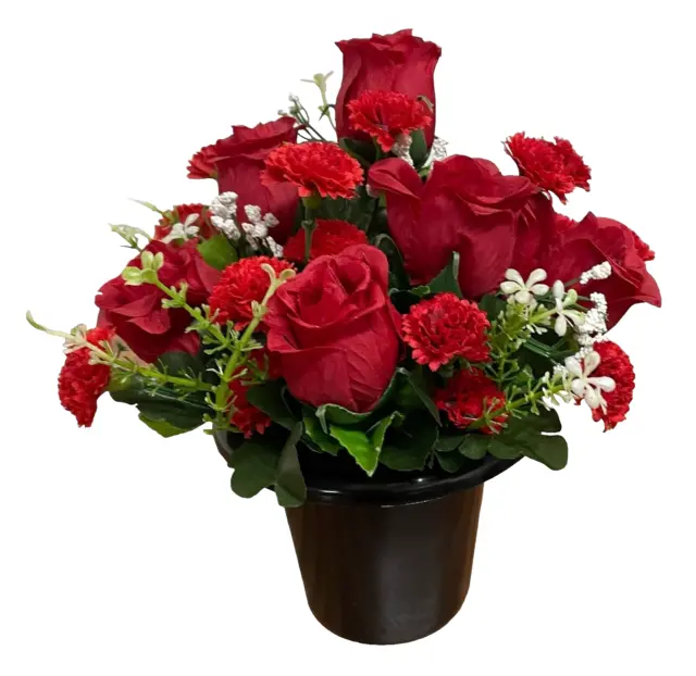 Artificial flowers Memorial Grave Pot. Red Roses & Chrysanthemums with Gyp 017