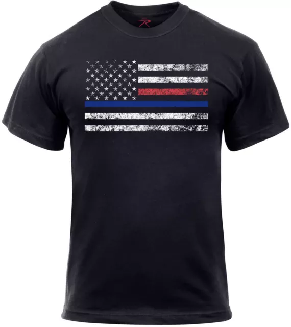 T-Shirt Blk Thin Blue/Red Line Distressed US American Flag Support Police 61660