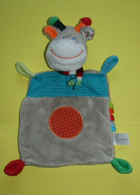 Nicotoy Doudou Girafe Plat Zoe Beige Gris Bleu Rond Orange Echarpe Rayee Kom9