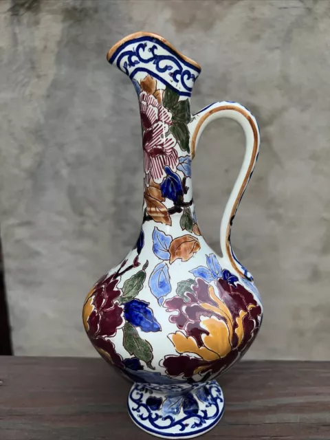 10” Gien France Pivoines Pitcher Colorful Faience France  Footed Ewer  Rare