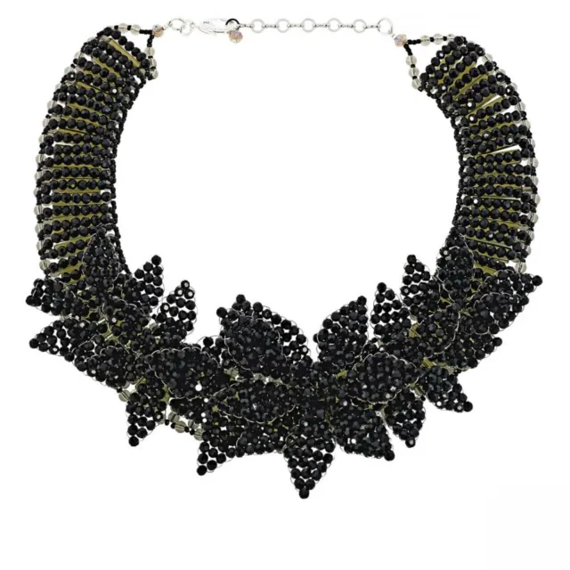 Rara Avis by Iris Apfel 14-1/2" Beaded Flower Collar Necklace - Black - NIB