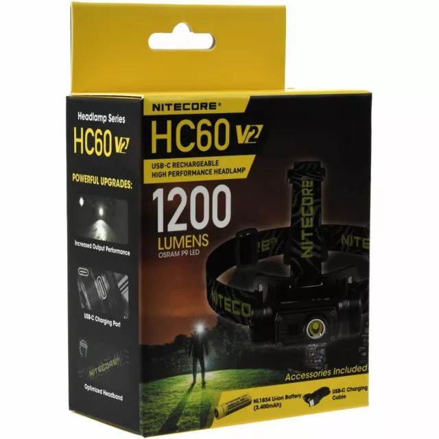 Nitecore HC60 V2 LED-Kopfleuchte, Kopflampe Headlight, Stirnlampe, USB, 1200 Lum