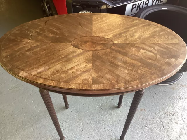 Edwardian antique oval side table,mahogany with walnut inlay,fluted legs. 2