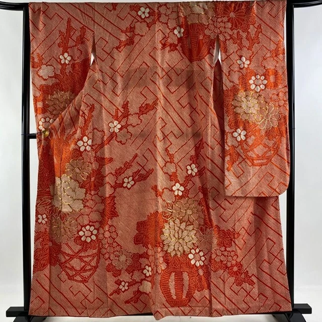 Japanese Kimono Furisode Pure Silk Flower Basket Gold Thread Orange Color