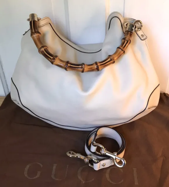 Gucci Ivory Leather Peggy Bamboo Handbag Medium Beige 2 Way Shoulder Tote Bag