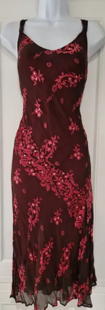 Womens Monsoon Pink Brown Floral Beaded Silk Vintage Y2k Midi Bias Slip Dress 8.