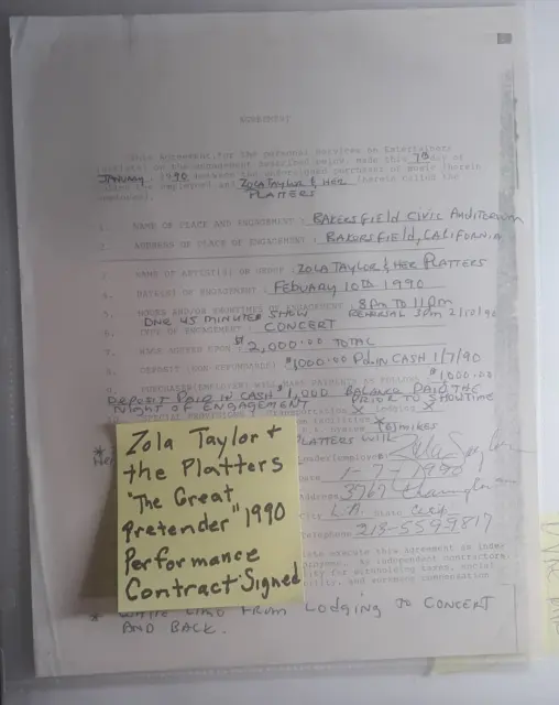 Zola Taylor & The Platters SIGNED Bakersfield Calif Concert PERFORMANCE CONTRACT