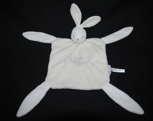 Doudou plat lapin KALOO blanc crème broderie K nœud satin NEUF
