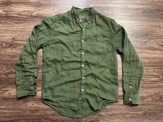 Lucky Brand Men's 100% Linen Long Sleeve Green Button Up Shirt Polo Size M