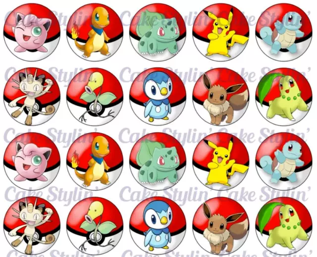 24 Edible Pokemon Cupcake Toppers, Wafer paper edible image, Poke ball  themed Birthday cupcake toppers or Cake decorations, cake stickers