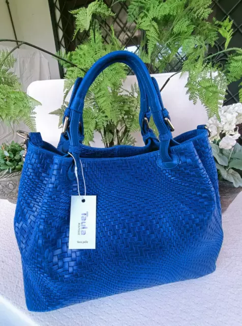 Borsa Vera Pelle stampa intrecciata Maxi bag mano tracolla blu  Italy Bag