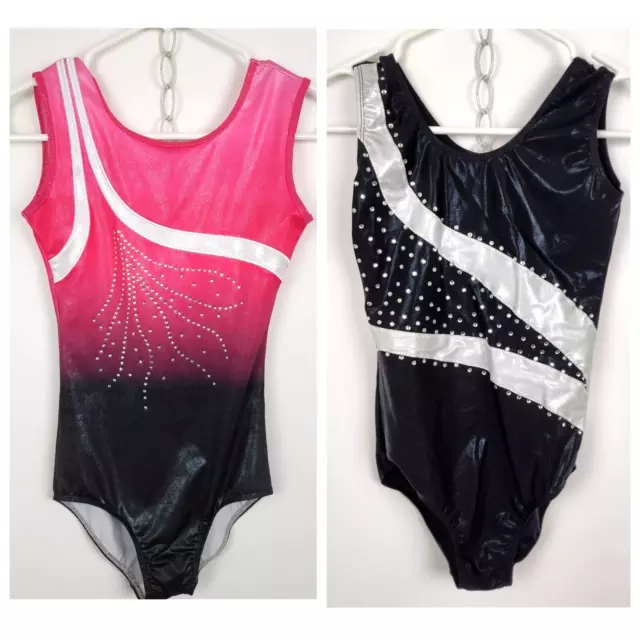 Lot of 2 Gymnastics Dance Leotards Pink Black Rhinestone Freestyle Girls 14