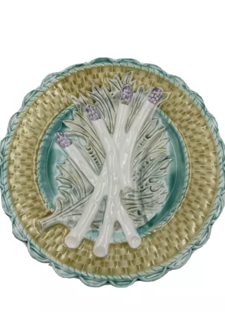 Majolica Plate Asparagus Basketweave Border Scalloped Rim 10" Unmarked