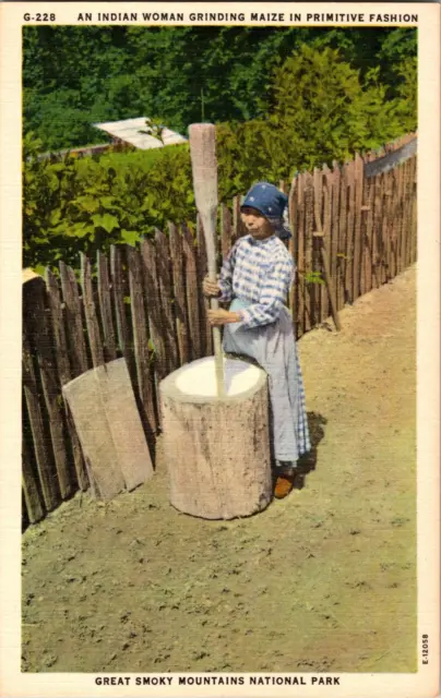 Vtg Postcard, An Indian Woman  Grinding Maize,Great Smoky Mountain National Park