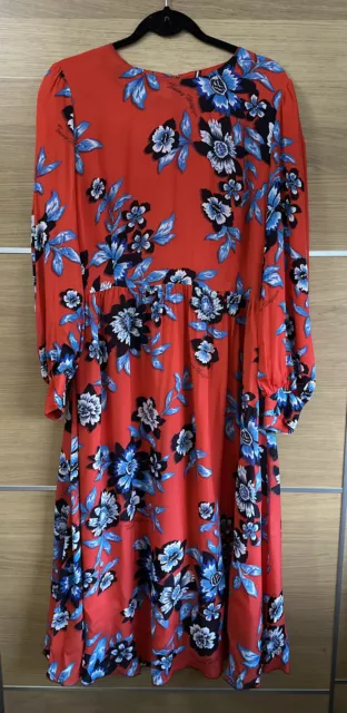 Tommy Hilfiger Size 14 Red Blue Floral Pattern Midi Dress Long Sleeves Fit Flare