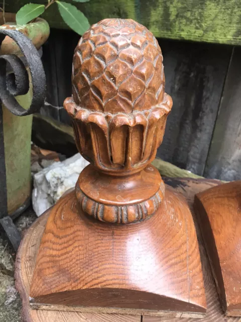Vintage pair of carved oak acorn finials stair newel post caps top architectural 3