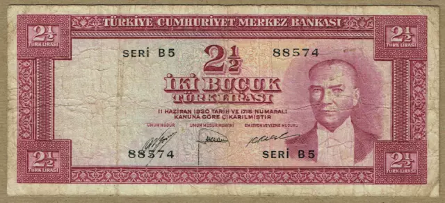CENTRAL BANK OF TURKEY L. 1930 (15. 7. 1952)  2½ LIRA 5th ISSUE (P-150) F/VF