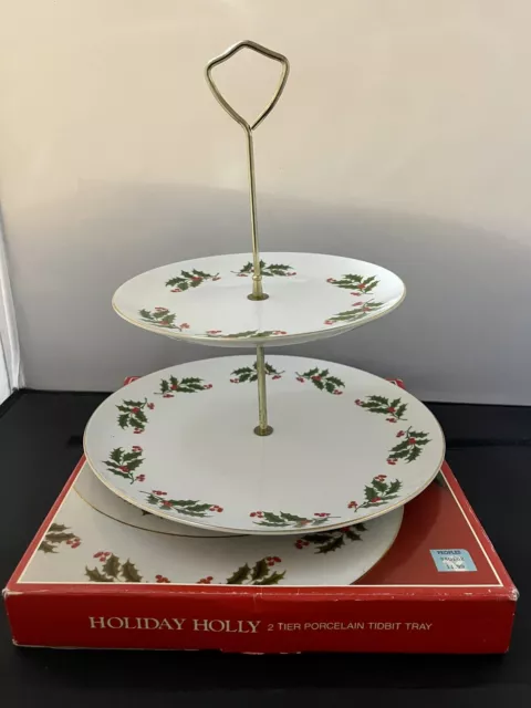 Holiday Holly 2 Tier Tidbit Tray Japan  NOB