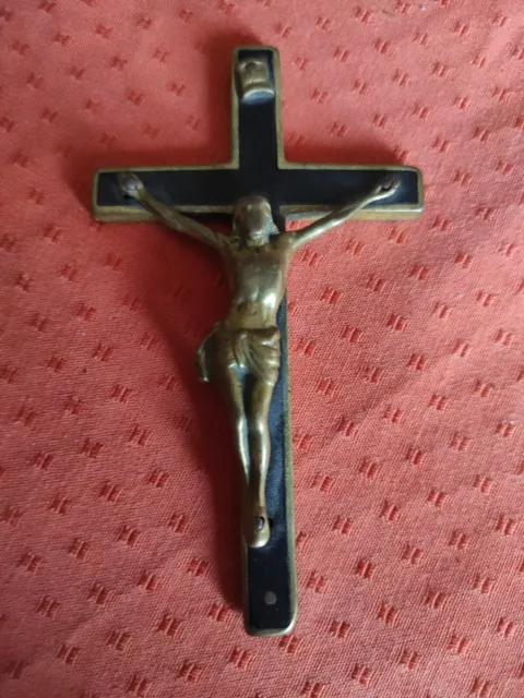 Croix Christ Crucifix Bronze Et Bois Ancien