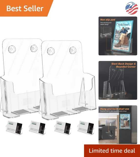 Acrylic Brochure Holder: Clear 8.5x11in Stand - Wall Mount, Non-slip - 2Pack
