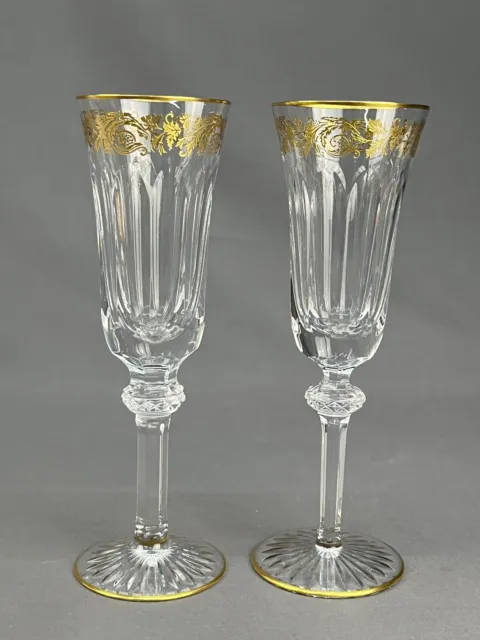 2 Christofle Crystal Marly Gold Inlay Champagne Flutes Stemware Signed; Mint
