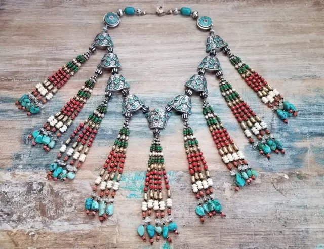 Large Tibetan Elegant Multi Strand Beaded Boho Long Statement Necklace