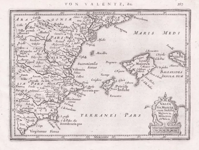 Valencia Murcia Mallorca Menorca Ibiza Spain Map Card Mercator 1651