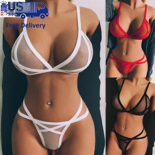 Womens Mesh Bra G-String 2pcs Set Sexy Lingerie Nightwear Underwear Sleepwear US