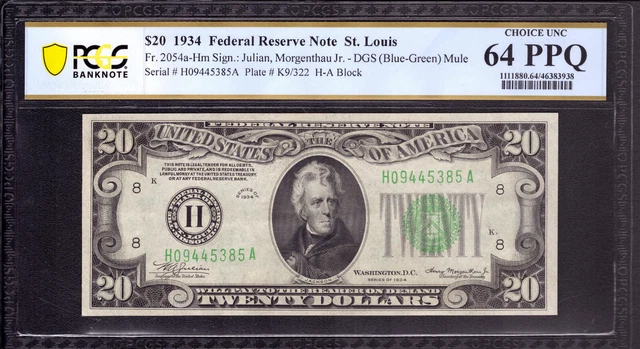 1934 $20 FEDERAL RESERVE NOTE ST. LOUIS FR.2054-Hdgs MULE PCGS B CU 64 PPQ