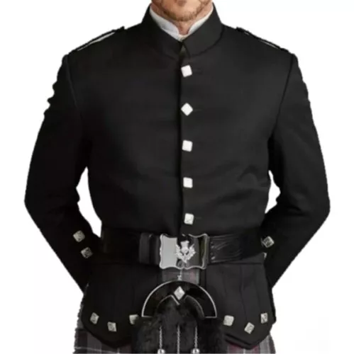 Mens Black Military Doublet Jacket Scottish Piper Drummer Doublet Jacket For Men